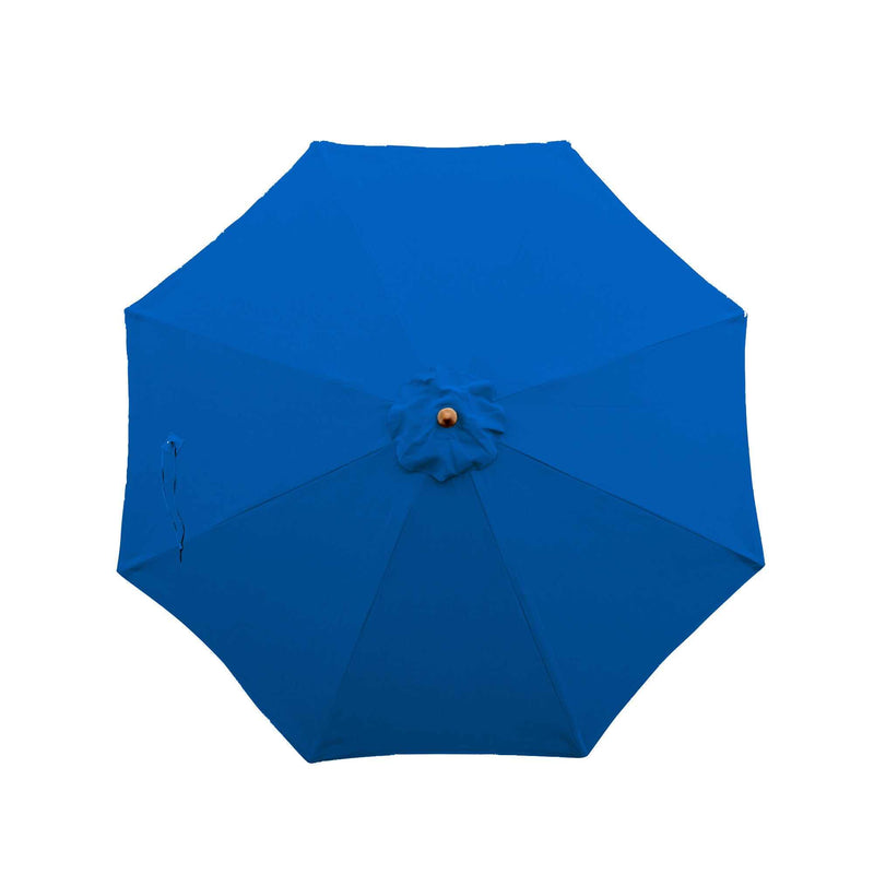 A 9ft Market Patio Umbrella from Formosa Covers, featuring a vibrant cobalt blue eight-panel canopy viewed from above. The smooth fabric has a slightly textured finish, and the center is accented with a wooden tip.