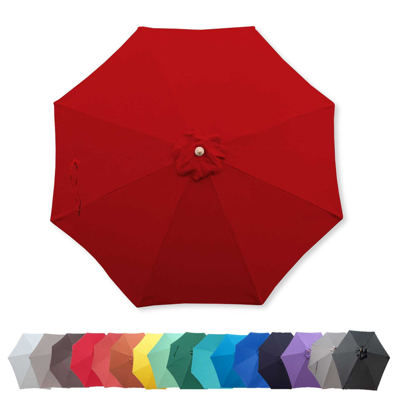 A top view of the Formosa Covers 9ft Market Patio Umbrella 8 Rib Replacement Canopy in Cherry Red, showcasing its large size and white central cap. Below it, a row of smaller Formosa Covers umbrellas in various colors, including shades of gray, red, orange, yellow, green, blue, purple and black are displayed against a white background. The replacement umbrella canopy is made from 300 denier polyester and is UV-treated for durability.