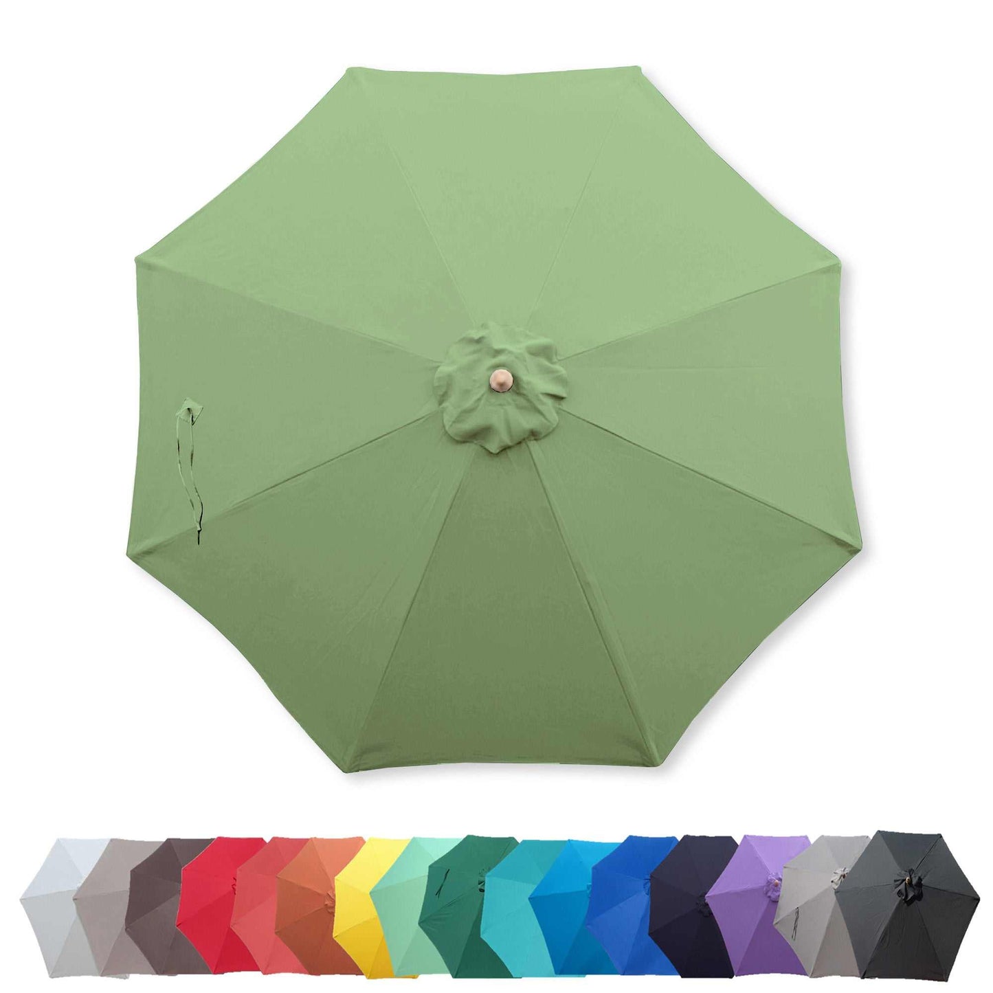 A top view of the 9ft Market Patio Umbrella with a slender handle, showcasing its Seafoam Green canopy by Formosa Covers. Lined up below are umbrellas in various colors, including gray, maroon, orange, yellow, green, blue, navy, purple, and black. Crafted from durable polyester fabric and featuring replacement umbrella canopies in different shades but sharing the same design.