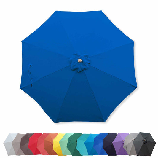 A top view of a large cobalt blue 9ft Market Patio Umbrella with 8 ribs by Formosa Covers, featuring a wooden handle. Below the patio umbrella, miniature versions in various colors are arranged in a row, showcasing shades of gray, red, orange, yellow, green, cyan, navy, violet, and black.