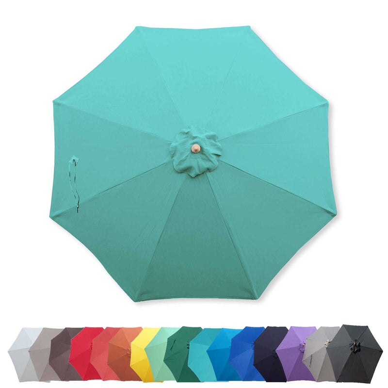 A top-down view of a **9ft Market Patio Umbrella 8 Rib Replacement Canopy** in Glacier Blue from **Formosa Covers**, featuring a wooden handle and durable polyester fabric. Below the umbrella, there are mini umbrellas of various colors: light gray, dark gray, red, orange, yellow, green, teal, blue, navy blue, purple, and black. Perfect as a replacement umbrella canopy.