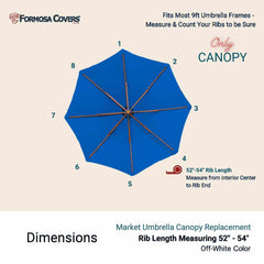 The image shows a cobalt blue, octagonal patio umbrella canopy replacement labeled by Formosa Covers. It indicates eight ribs measuring 52 to 54 inches from the interior center to the rib end and fits most 9ft umbrella frames.