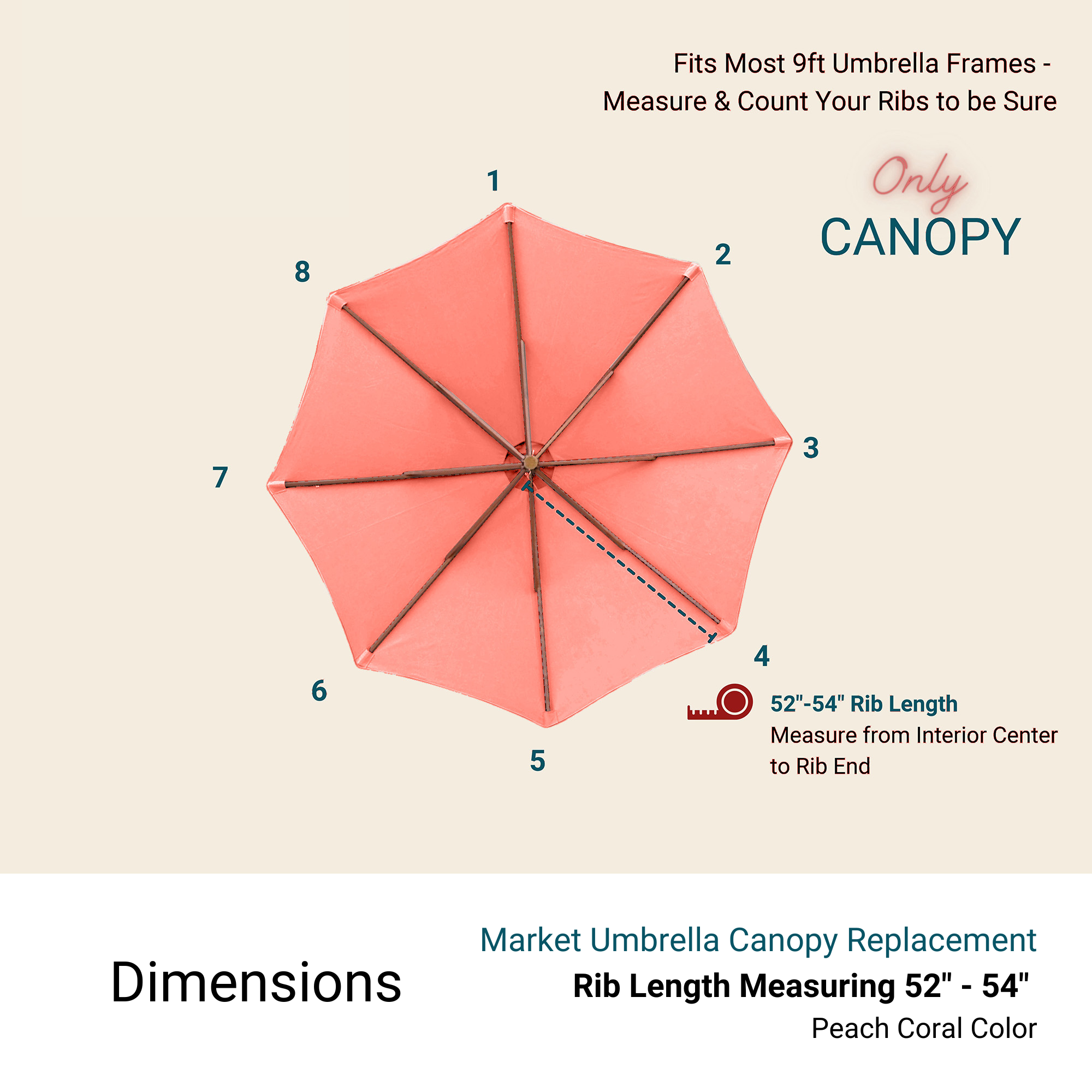 9ft Market Patio Umbrella 8 Rib Replacement Canopy Peach Coral