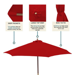 The Formosa Covers 9ft Market Patio Umbrella 8 Rib Replacement Canopy in Cherry Red is made from durable 300 denier polyester and includes three key features: deep pockets at the rib ends for added stability, a large top vent for better airflow, and a built-in tie to keep the umbrella neatly secured when not in use.