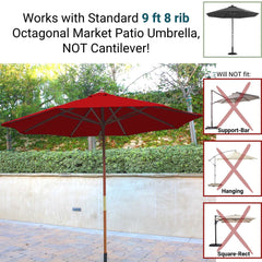 Image of a cherry red octagonal patio umbrella with a central stand. The text reads 