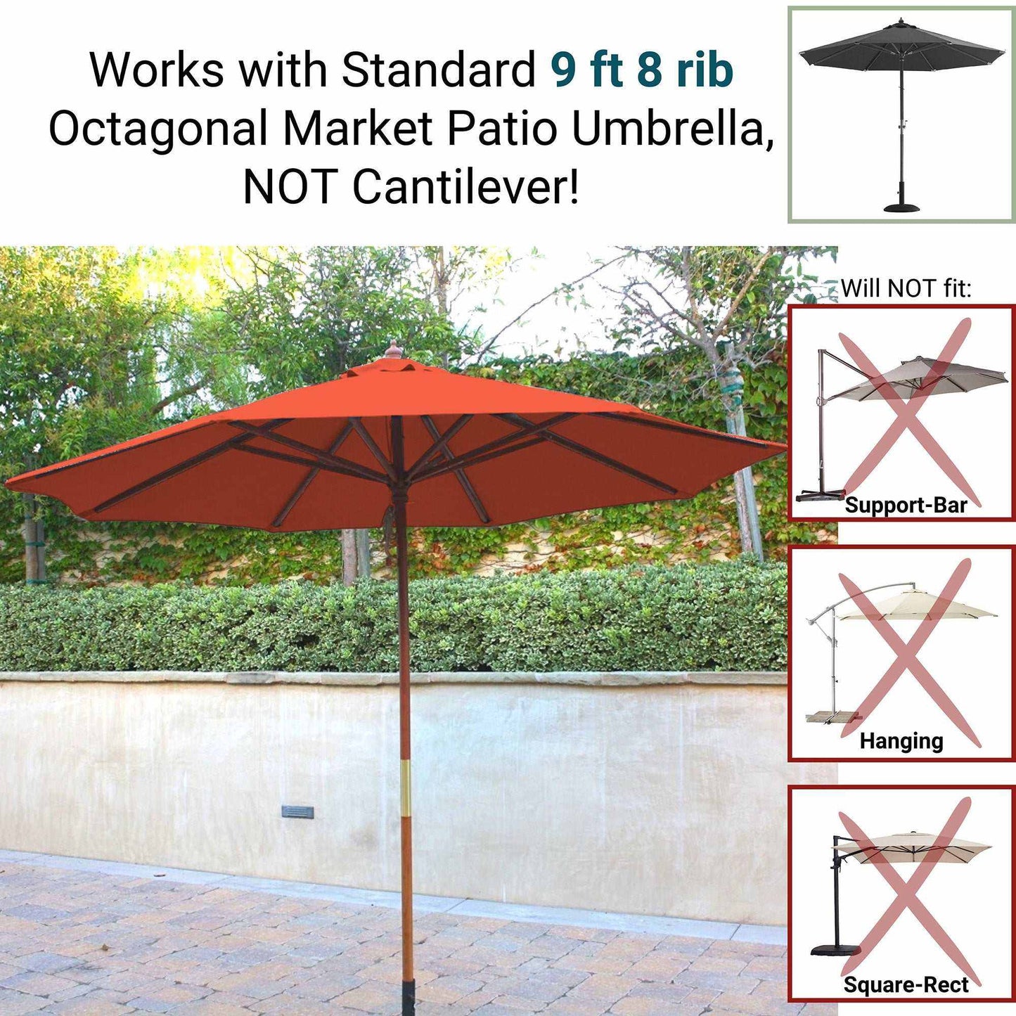 The image shows a Melon Orange octagonal market patio umbrella canopy made of durable polyester fabric, with a message indicating it works with standard 9 ft 8 rib umbrellas. A diagram lists three types that won’t fit: support-bar, hanging, and square-rect umbrellas, each with a red "X." This replacement canopy is by Formosa Covers.