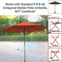 The image shows a Melon Orange octagonal market patio umbrella canopy made of durable polyester fabric, with a message indicating it works with standard 9 ft 8 rib umbrellas. A diagram lists three types that won’t fit: support-bar, hanging, and square-rect umbrellas, each with a red 