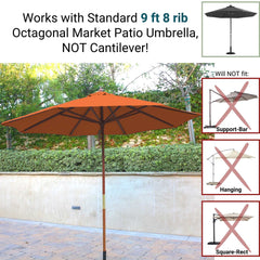 A 9ft Market Patio Umbrella 8 Rib Replacement Canopy in tangerine from Formosa Covers is standing in a backyard. The text states, 