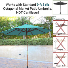 Image of a large glacier blue 9 ft market patio umbrella with 8 ribs standing in a garden. Text indicates it fits Formosa Covers standard 9 ft 8 rib umbrellas and not cantilever styles. Made from UV-treated, durable polyester fabric. Three smaller images on the right show crossed-out examples of support-bar, hanging, and square-rect umbrellas.