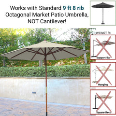 A 9ft Market Patio Umbrella 8 Rib Replacement Canopy Natural from Formosa Covers with a durable polyester fabric green canopy and wooden pole stands upright in a garden with a stone wall and greenery in the background. Text indicates it fits standard 9 ft 8 rib octagonal umbrellas but does not fit cantilever, support-bar, hanging, or square-rect umbrellas.