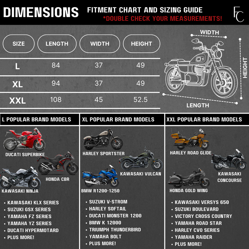 Dimensions and fitment chart for motorcycle covers, illustrating fit for sizes L, XL, and XXL with popular brand models.