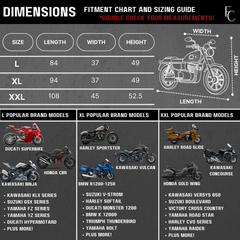 XXL motorcycle cover size chart and popular brand models.