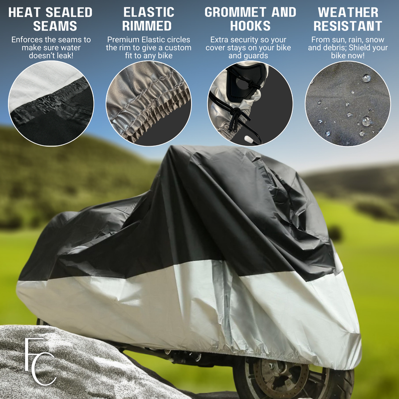 Heavy duty motorcycle cover with cable and lock, weather-resistant in black and silver, fits up to 108" bikes.