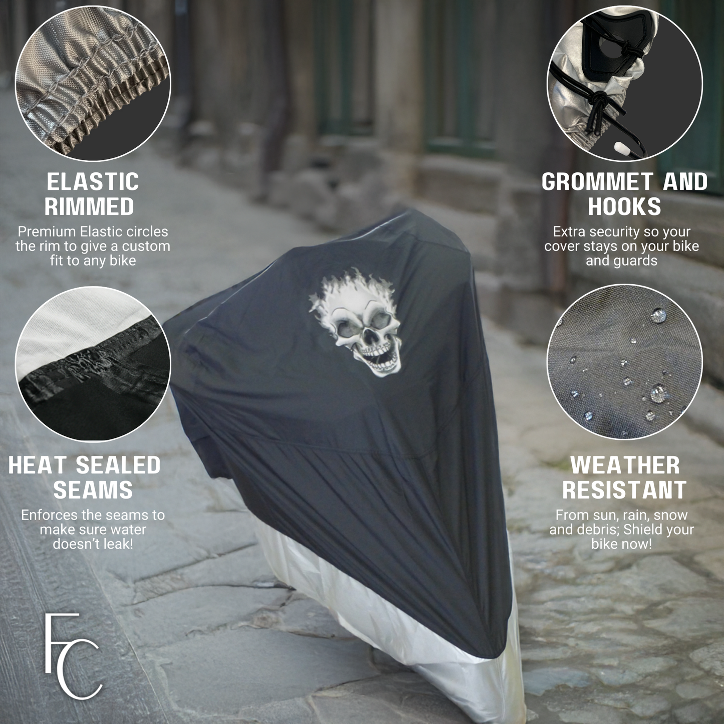 Deluxe Light Weight Motorcycle Cover with Flaming Skull Logo - Fits up to 108"L (XXL) - Formosa Covers