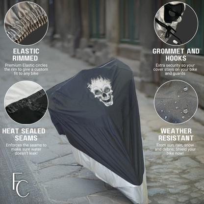 Deluxe Light Weight Motorcycle Cover with Flaming Skull Logo - Fits up to 108"L (XXL) - Formosa Covers