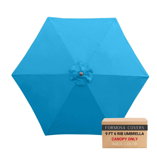 9ft aqua olefin market patio umbrella canopy with 6 rib design, UV-treated and water-repellent.