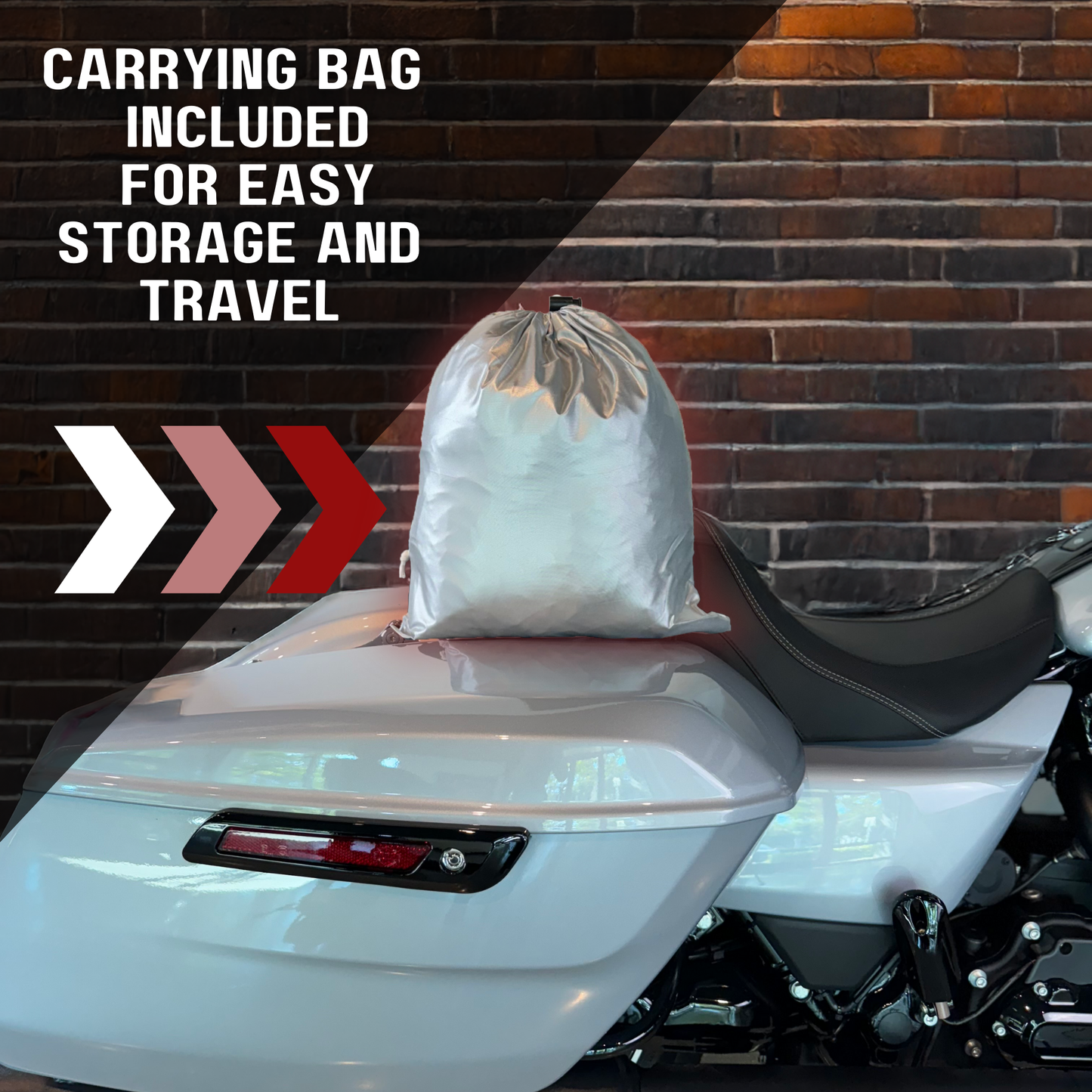 Lightweight motorcycle cover in carrying bag on a motorbike trunk for easy storage and travel.