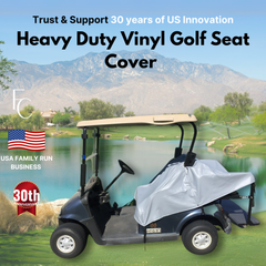 A golf cart equipped with a Vinyl Golf Cart Seat Cover from Formosa Covers sits by a lake on the course, surrounded by stunning mountains. Accompanying text celebrates 