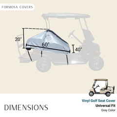 Image of a Formosa Covers Vinyl Golf Cart Seat Cover, featuring dimensions: 20 inches high, 60 inches wide, and 40 inches deep. The grey weather-resistant cover is displayed on a golf cart illustration for context. Text reads 