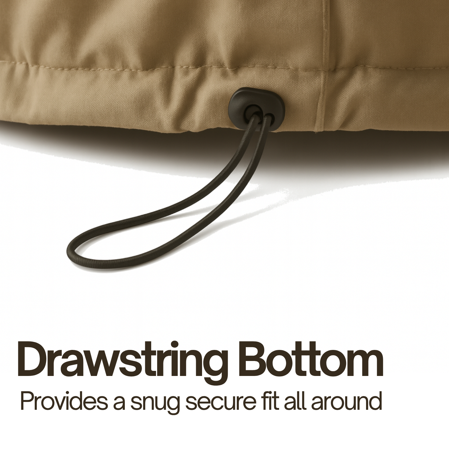 drawstring bottom on a island bbq grill white background, featuring text about the drawstring's security feature.

