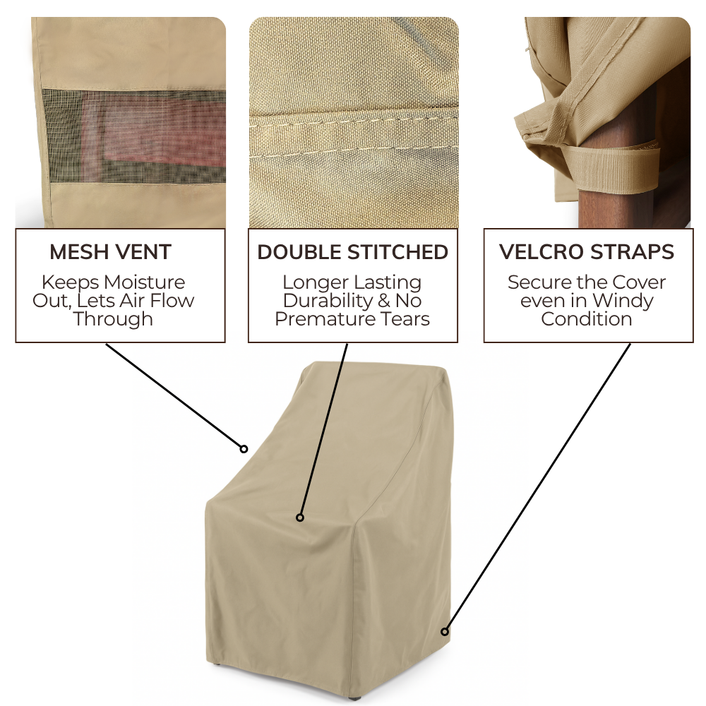 Patio swivel dining chair cover in taupe with mesh vent, double stitching, and Velcro straps for durability and airflow.