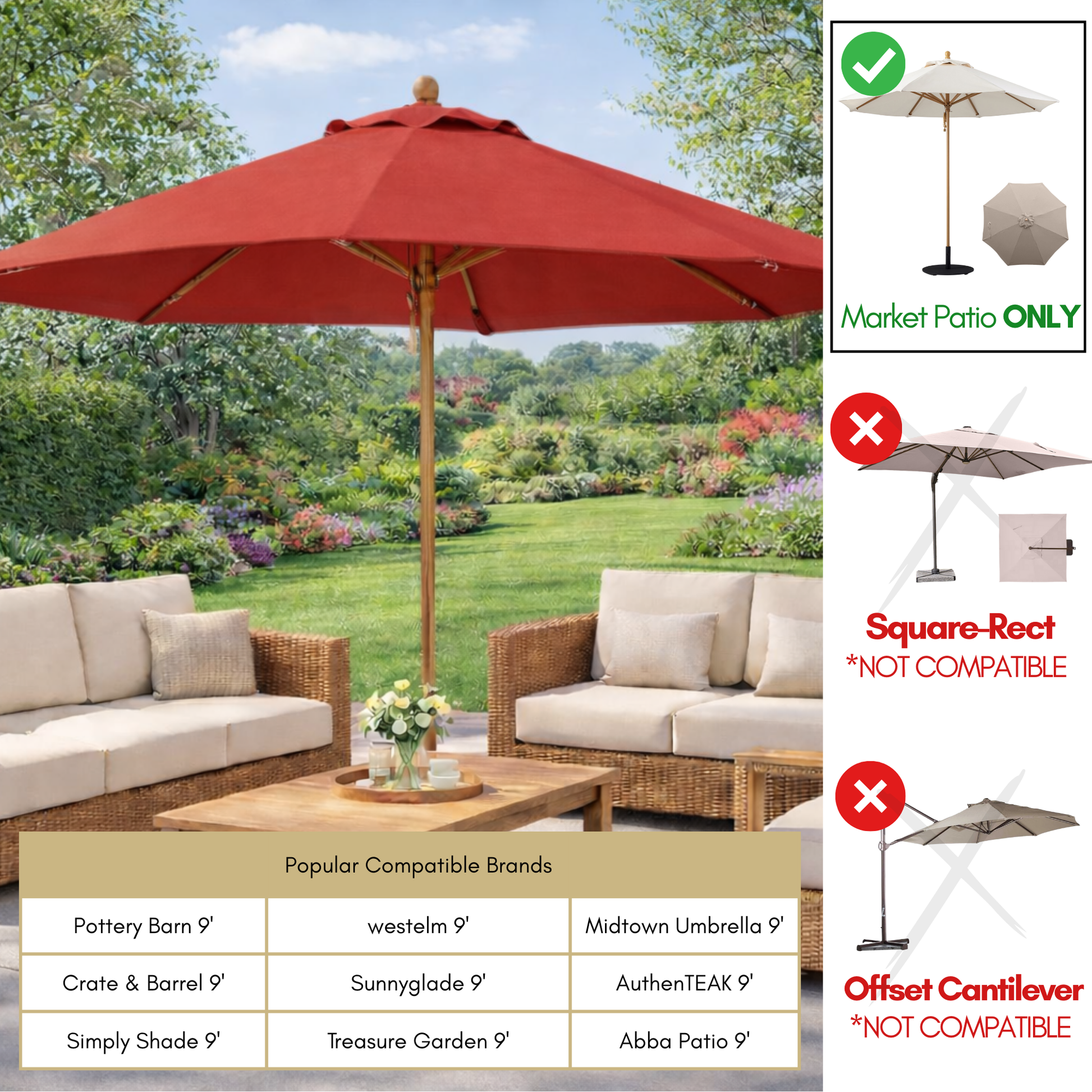 9ft Market Patio Umbrella 8 Rib Replacement Canopy Brick - Formosa Covers