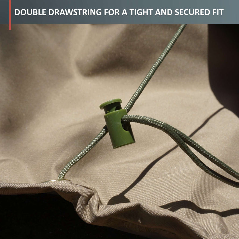 Close-up of taupe fabric with a green double drawstring and plastic lock mechanism. Text at the top reads, "DOUBLE DRAWSTRING FOR A TIGHT AND SECURED FIT." The drawstring for the Formosa Covers BBQ Outdoor Grill Cover 36"L x 26"D x 46"H is threaded through the premium material, ensuring it stays tightly secured for all-weather protection.