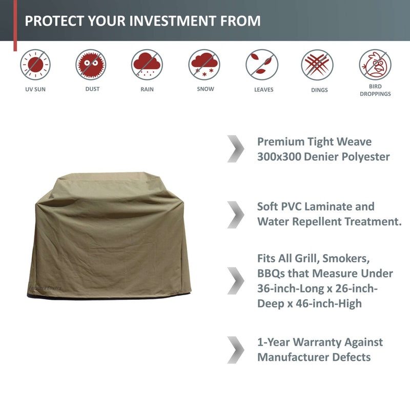 An image showcasing the Formosa Covers BBQ Outdoor Grill Cover (36"L x 26"D x 46"H) in taupe, designed to provide all-weather protection for your grill, smoker, or BBQ. The text highlights its defense against UV sun rays, dust, rain, and bird droppings. Features include premium polyester with water-repellent treatment for durability and a snug fit. The cover comes with a 1-year warranty against manufacturer defects.