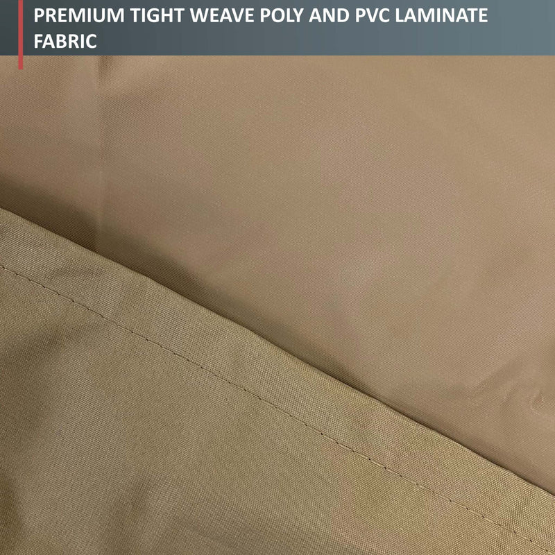 Close-up image of the premium tight weave poly and PVC laminate fabric in taupe color from Formosa Covers. The water-repellent material showcases textures and stitching details, indicating quality craftsmanship—ideal for the BBQ Outdoor Grill Cover 75"L x 26"D x 48"H, offering superior BBQ protection.