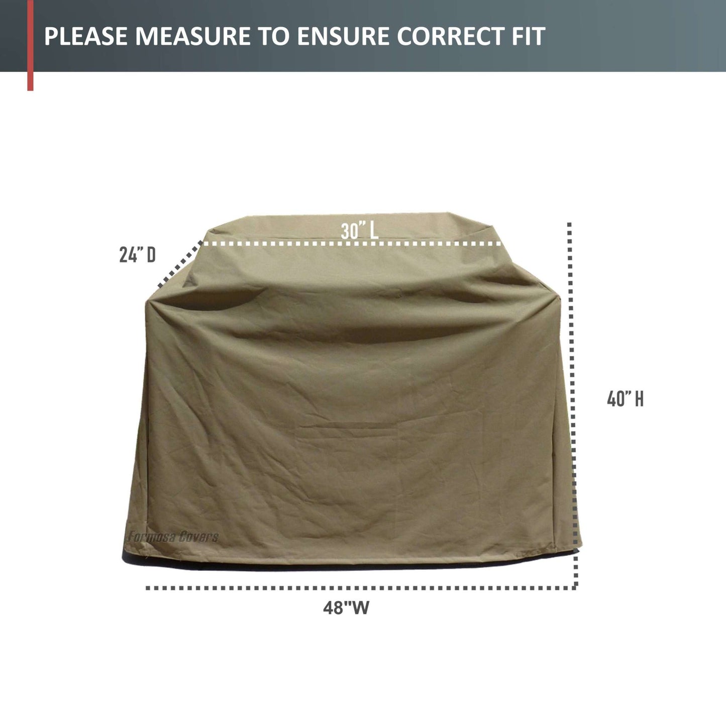 Illustration of the Formosa Covers BBQ Outdoor Grill Cover, taupe color, with dimensions marked. The all-weather protection cover measures 48 inches in length, 24 inches in depth, and 40 inches in height. Text at the top advises to measure for correct fit.