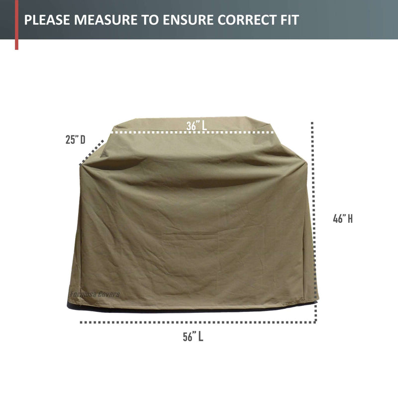 An image of the Formosa Covers BBQ Outdoor Grill Cover in Taupe is shown with measurements indicated: 25 inches deep, 56 inches long, and 46 inches high. The label at the top reads "PLEASE MEASURE TO ENSURE CORRECT FIT." Ideal for ensuring all-weather protection for your BBQ grill or patio furniture.