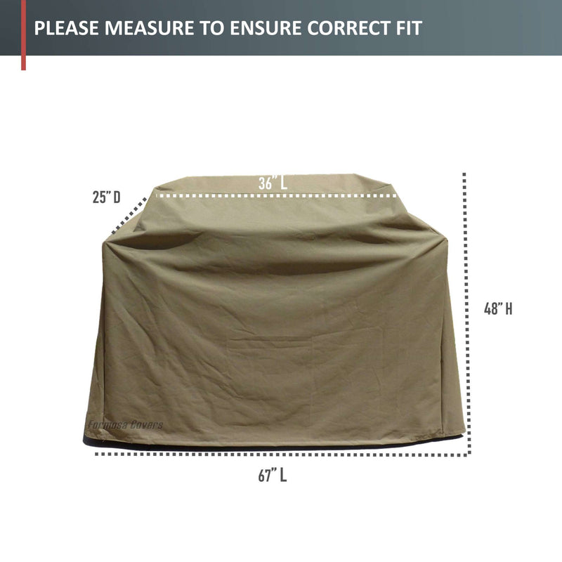 Displayed is the Formosa Covers BBQ Outdoor Grill Cover, which measures 67 inches in length, 48 inches in height, and 26 inches in depth. Made from premium tight-weave fabric in a taupe color, it offers all-weather protection. The image includes a reminder at the top to measure your grill to ensure a correct fit.