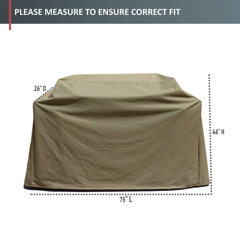 A BBQ Outdoor Grill Cover in Taupe is shown in this image with dimensions labeled as 26 inches deep, 48 inches high, and 75 inches long. Text at the top of the image reads, "Please measure to ensure correct fit." This Formosa Covers product is perfect for outdoor grill protection and all-weather durability.