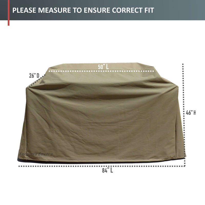 A taupe BBQ cover from Formosa Covers with dimensions: 84 inches in length (L), 26 inches in depth (D), and 48 inches in height (H). It features high heat resistance and all-weather protection. The product description advises, "PLEASE MEASURE TO ENSURE CORRECT FIT.