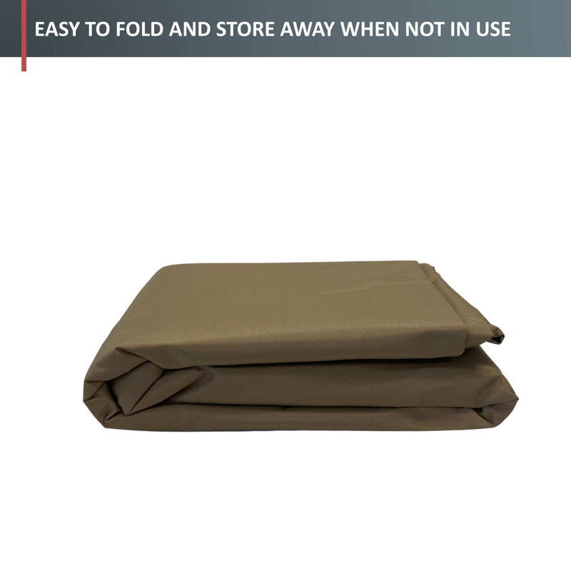 A neatly folded taupe BBQ Outdoor Grill Cover from Formosa Covers is displayed against a white background. Above the cover, there's a message on a grey banner that reads, "EASY TO FOLD AND STORE AWAY WHEN NOT IN USE." This premium fabric offers all-weather protection for versatile uses, including as a durable BBQ cover.