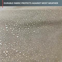 Close-up image of taupe water-resistant fabric with water droplets beading up on the surface, illustrating its protective properties. A text overlay at the top reads, 