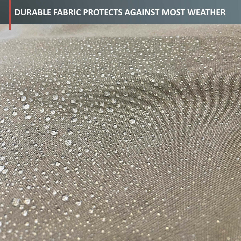 Close-up image of water droplets on a taupe, textured fabric. The droplets form beads, indicating the all-weather protection of the premium material used in the "BBQ Outdoor Grill Cover 36'L x 26'D x 46'H Taupe" by Formosa Covers. Text at the top reads, "DURABLE FABRIC PROTECTS AGAINST MOST WEATHER.