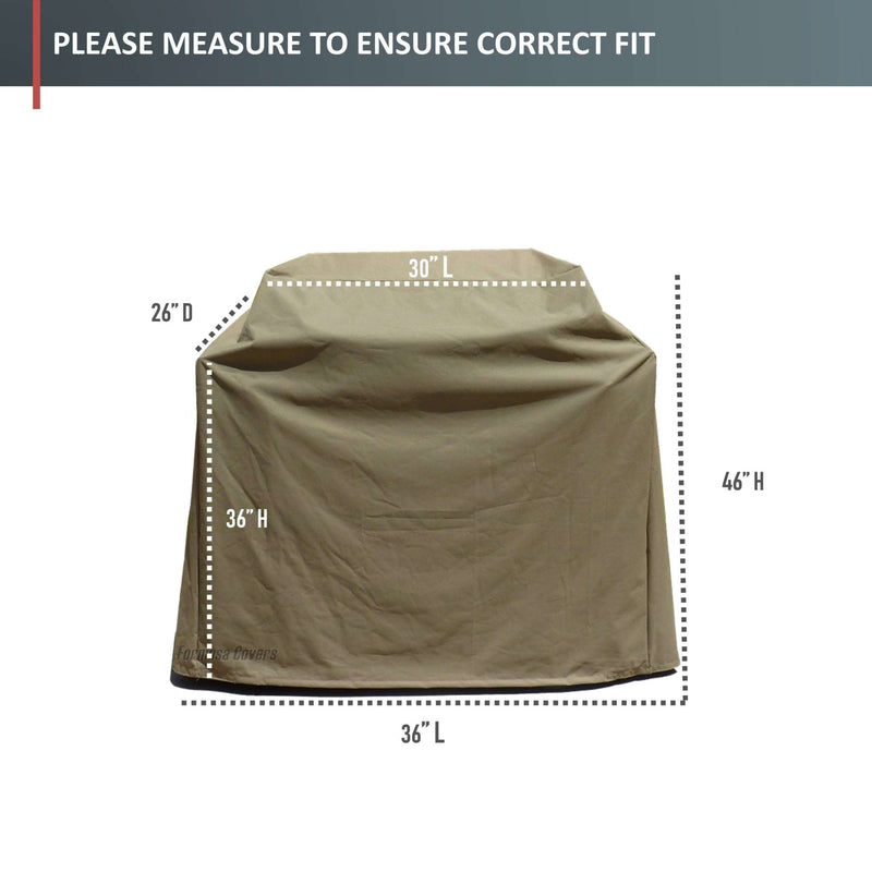 The BBQ Outdoor Grill Cover by Formosa Covers, shown in taupe with dimensions 36 inches in length, 26 inches in depth, and 46 inches in height, is crafted from premium tight-weave fabric for all-weather protection. The cover urges you to "PLEASE MEASURE TO ENSURE CORRECT FIT" at the top.