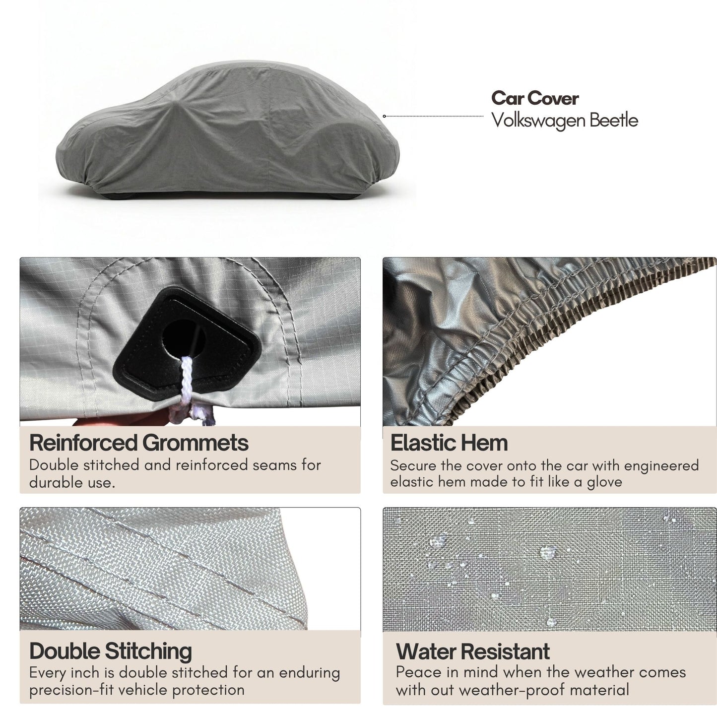 Volkswagen Beetle Car Cover | AmorGrid 200D Ripstop Silver | 5-Layer Waterproof UV Protection | VW Bug Cover Fits 161"L