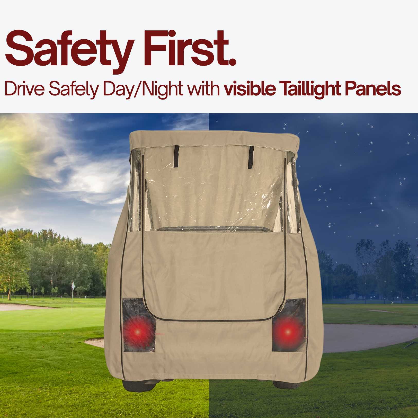 Beige golf cart cover with visible taillight panels on a golf course background

