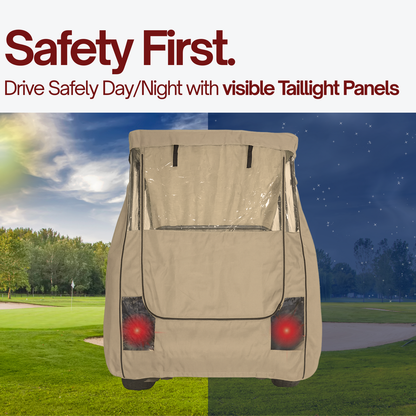 Beige golf cart cover with visible taillight panels on a golf course background

