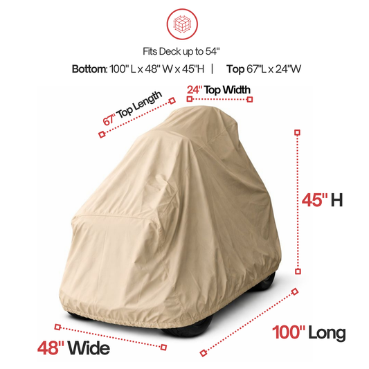 Beige lawn mower cover with dimensions on a white background

