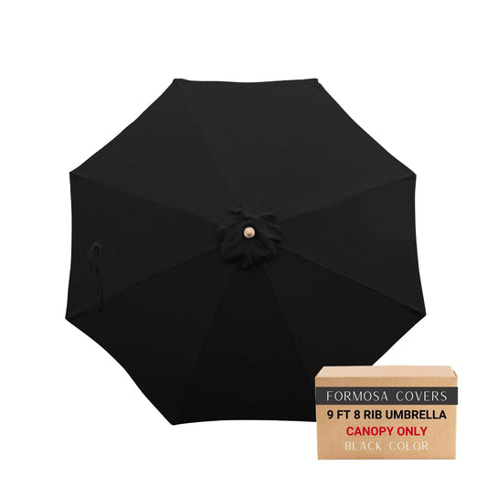 9ft black olefin patio umbrella canopy replacement featuring 8 ribs, durable and UV-resistant.