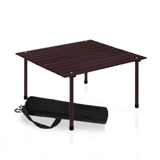 Outdoor portable wood roll-up table in espresso with black carrying case, 26x26x16 inches.