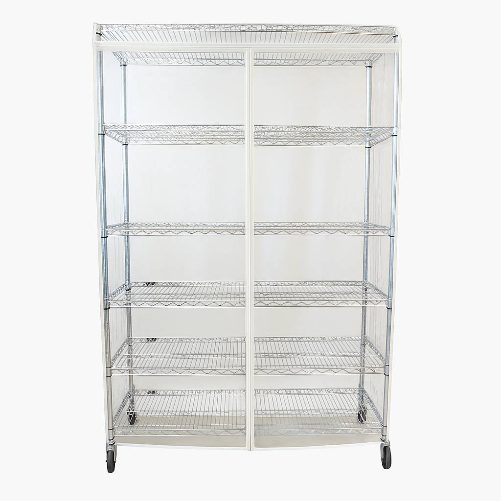 Clear PVC storage shelving unit cover for 48"W x 24"D x 72"H racks with zippers and Velcro roll-up front panel.