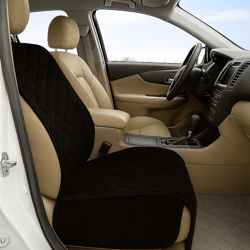 Black micro velvet pet single car seat cover with floor coverage and quilted padding in a car interior