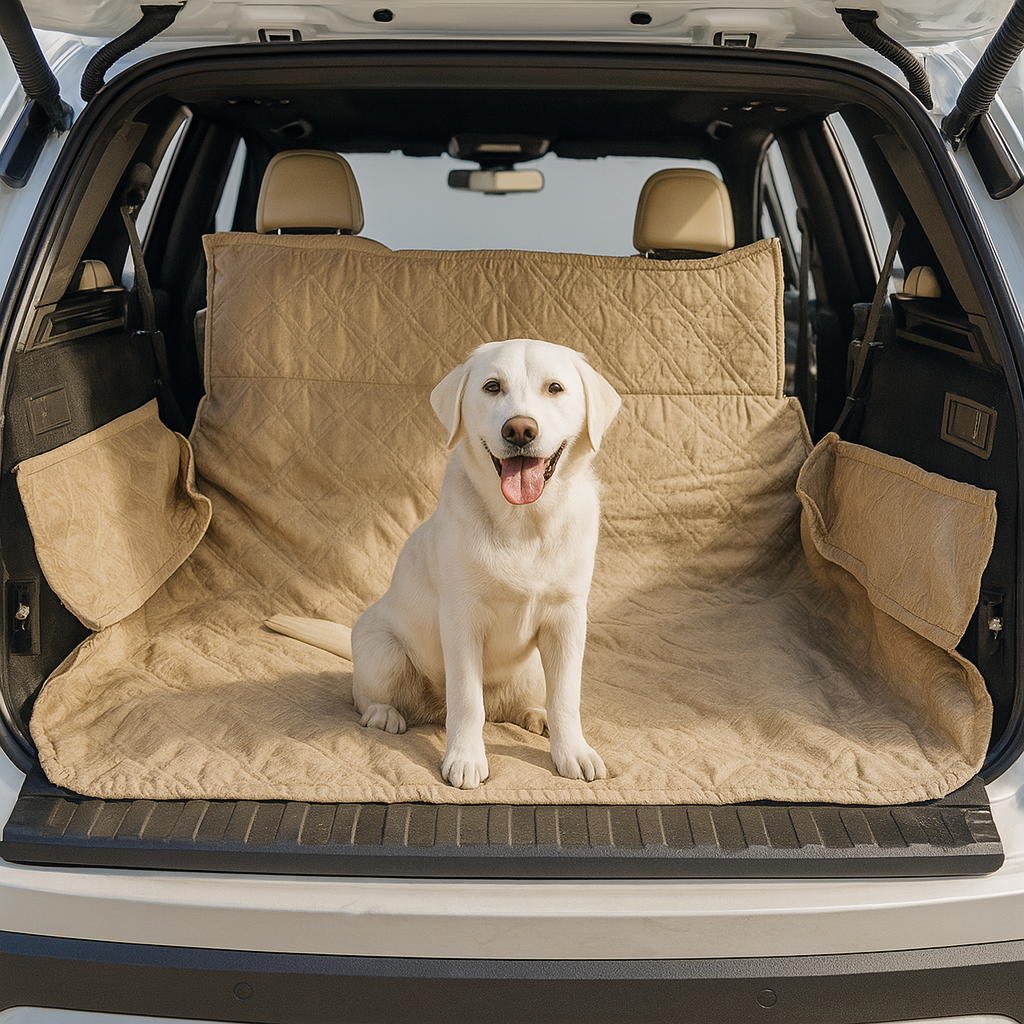 Deluxe Padded Cargo Liner in Taupe for SUVs, trucks, and minivans with a white dog sitting on it.
