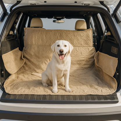 Deluxe Padded Cargo Liner in Taupe for SUVs, trucks, and minivans with a white dog sitting on it.