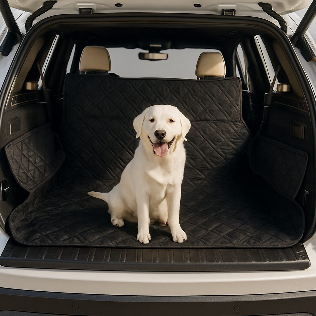 Deluxe padded cargo liner in SUV with dog.