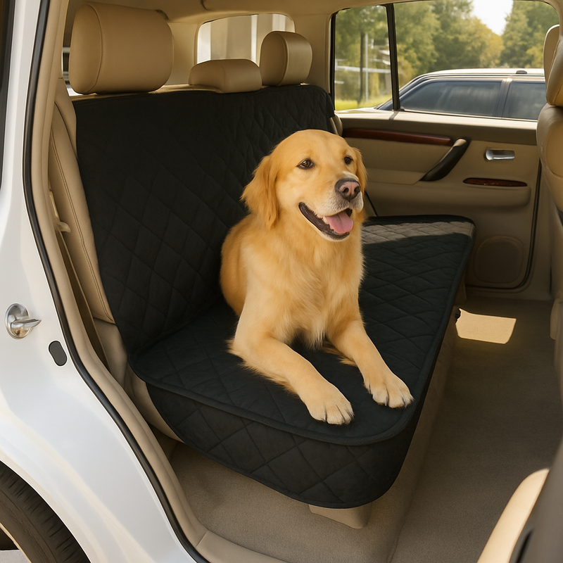 Black quilted car seat luxury bench cover protecting rear seat with a golden retriever sitting comfortably
